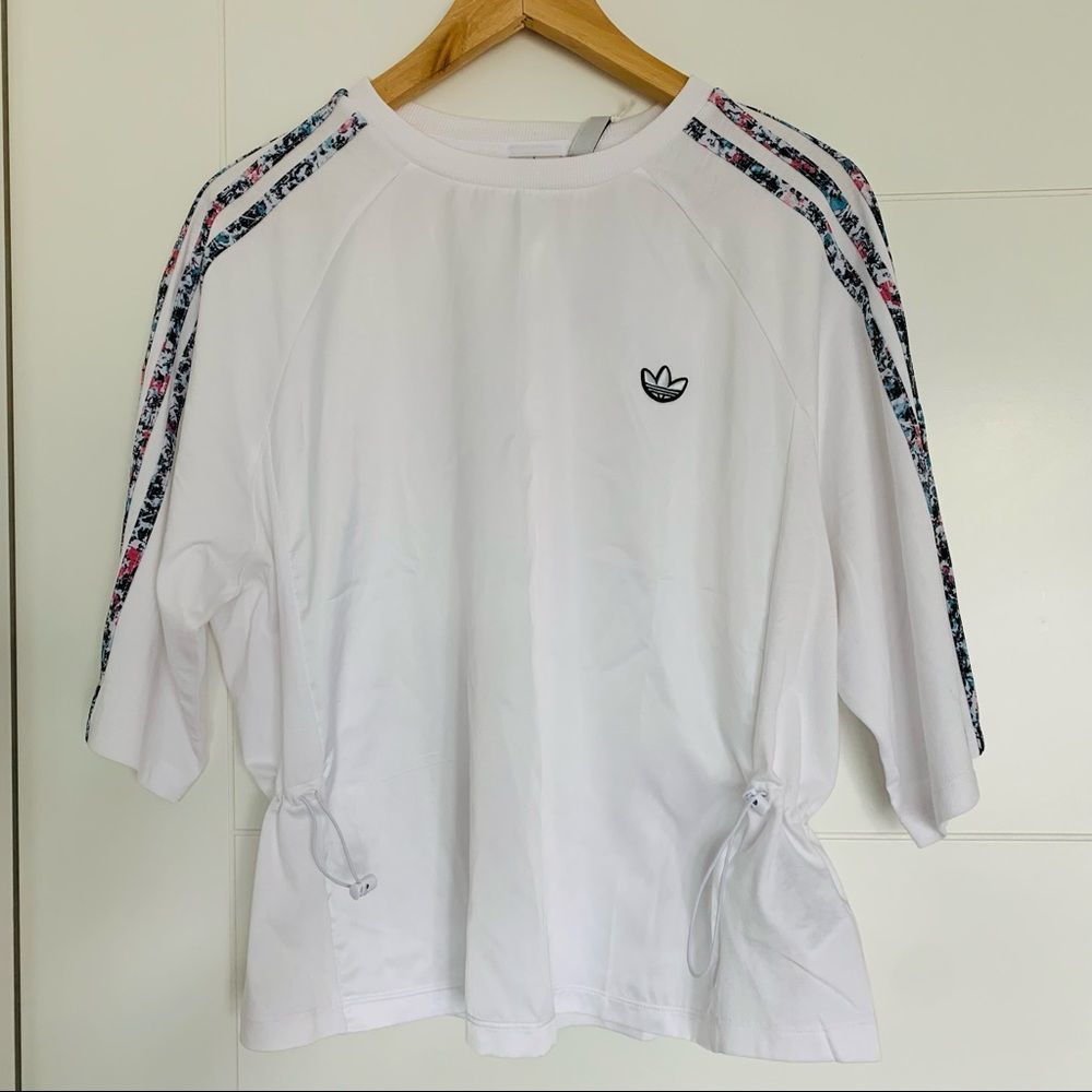 adidas White Short Sleeve Tee with Multicolor Stripes